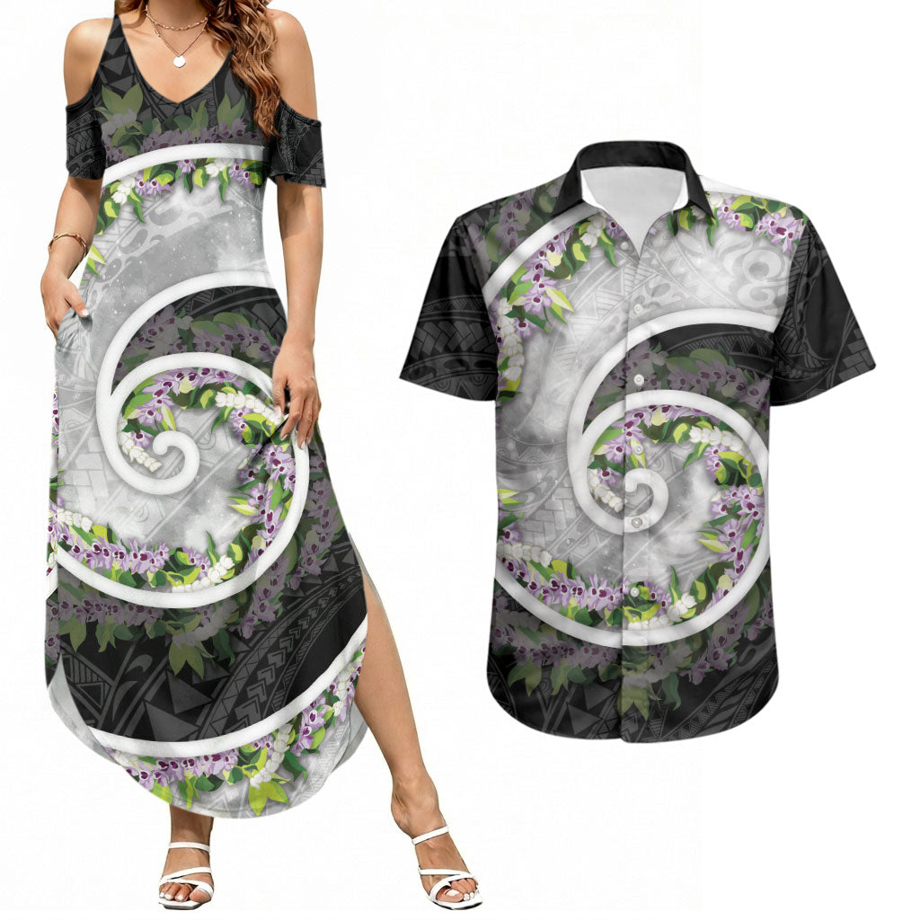 Piko Hawaii Couples Matching Summer Maxi Dress and Hawaiian Shirt Polynesian Pattern With Maile Pikake Honohono Lei