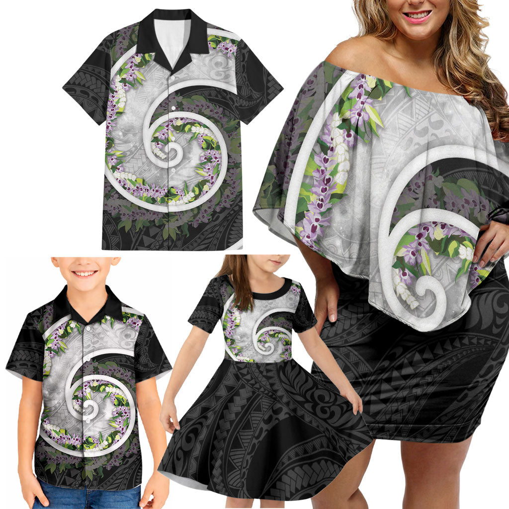 Piko Hawaii Family Matching Off Shoulder Short Dress and Hawaiian Shirt Polynesian Pattern With Maile Pikake Honohono Lei