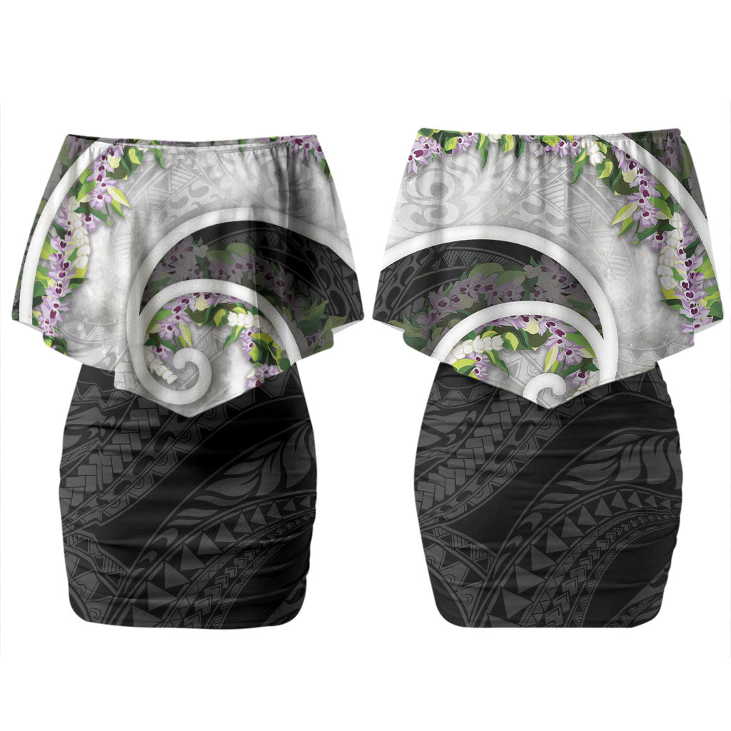 Piko Hawaii Family Matching Off Shoulder Short Dress and Hawaiian Shirt Polynesian Pattern With Maile Pikake Honohono Lei