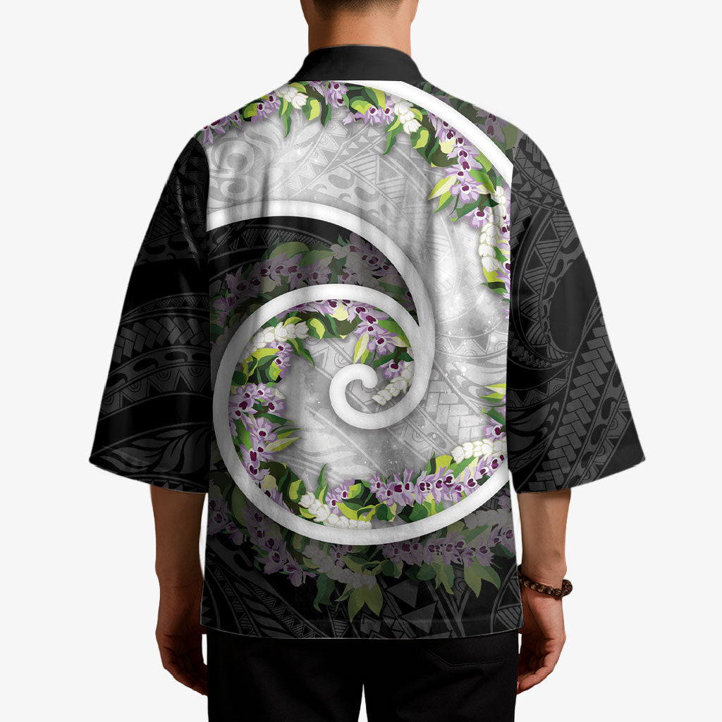 Piko Hawaii Kimono Polynesian Pattern With Maile Pikake Honohono Lei