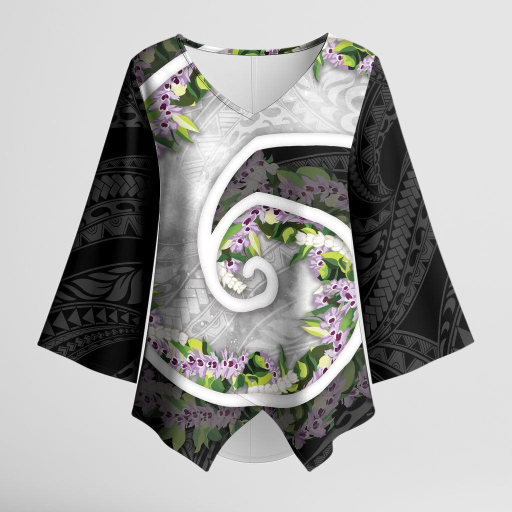 Piko Hawaii Kimono Sleeve Blouse Polynesian Pattern With Maile Pikake Honohono Lei