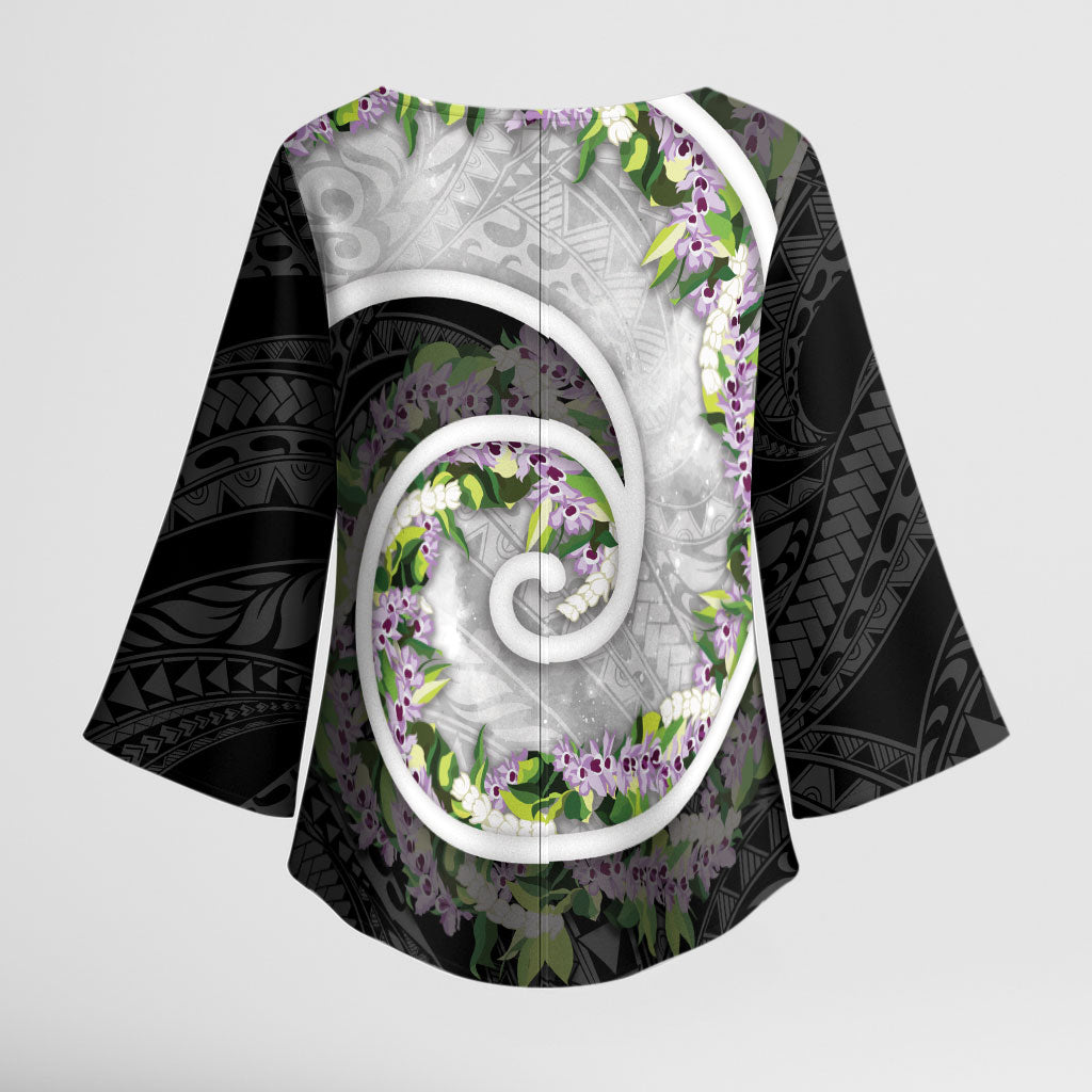 Piko Hawaii Kimono Sleeve Blouse Polynesian Pattern With Maile Pikake Honohono Lei