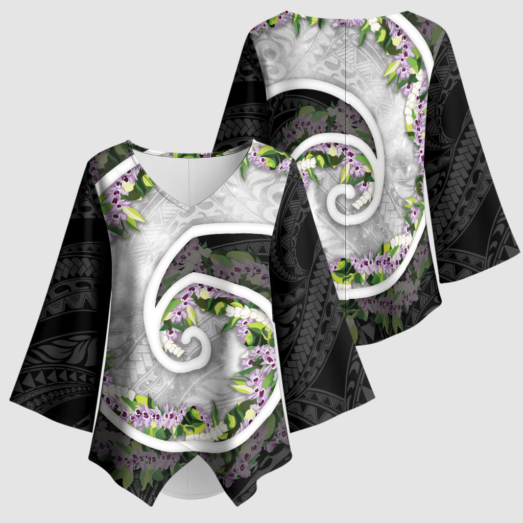 Piko Hawaii Kimono Sleeve Blouse Polynesian Pattern With Maile Pikake Honohono Lei