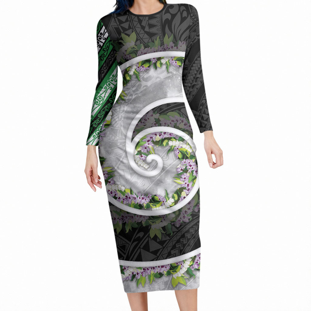 Piko Hawaii Long Sleeve Bodycon Dress Polynesian Pattern With Maile Pikake Honohono Lei LT05 Long Dress Black - Polynesian Pride