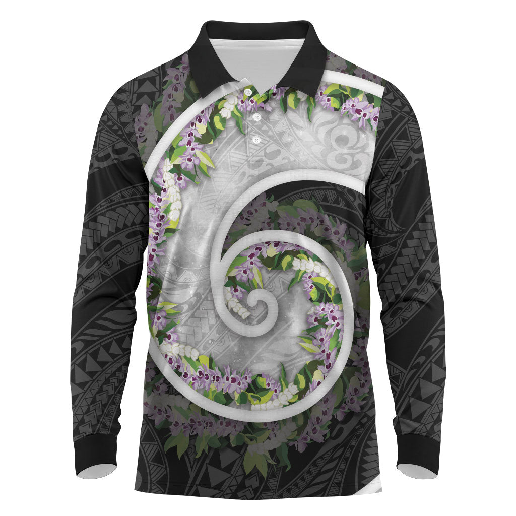 Piko Hawaii Long Sleeve Polo Shirt Polynesian Pattern With Maile Pikake Honohono Lei