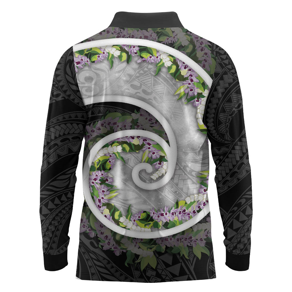 Piko Hawaii Long Sleeve Polo Shirt Polynesian Pattern With Maile Pikake Honohono Lei