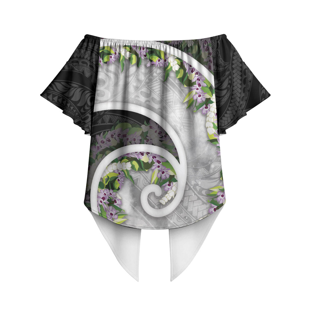 Piko Hawaii Off Shoulder Wrap Waist Top Polynesian Pattern With Maile Pikake Honohono Lei LT05 - Polynesian Pride