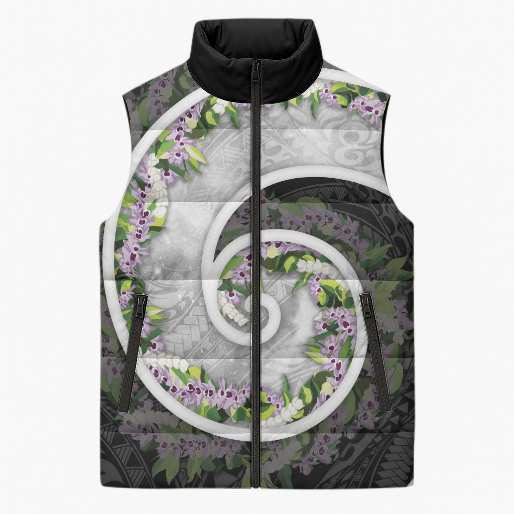 Piko Hawaii Sleeveless Puffer Jacket Polynesian Pattern With Maile Pikake Honohono Lei