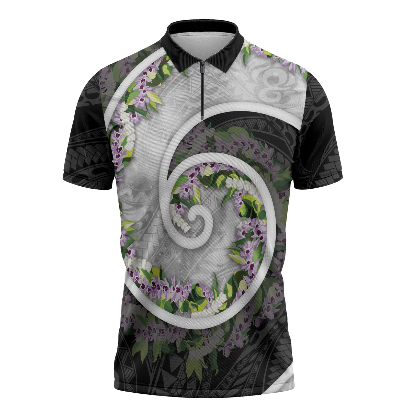 Piko Hawaii Zipper Polo Shirt Polynesian Pattern With Maile Pikake Honohono Lei