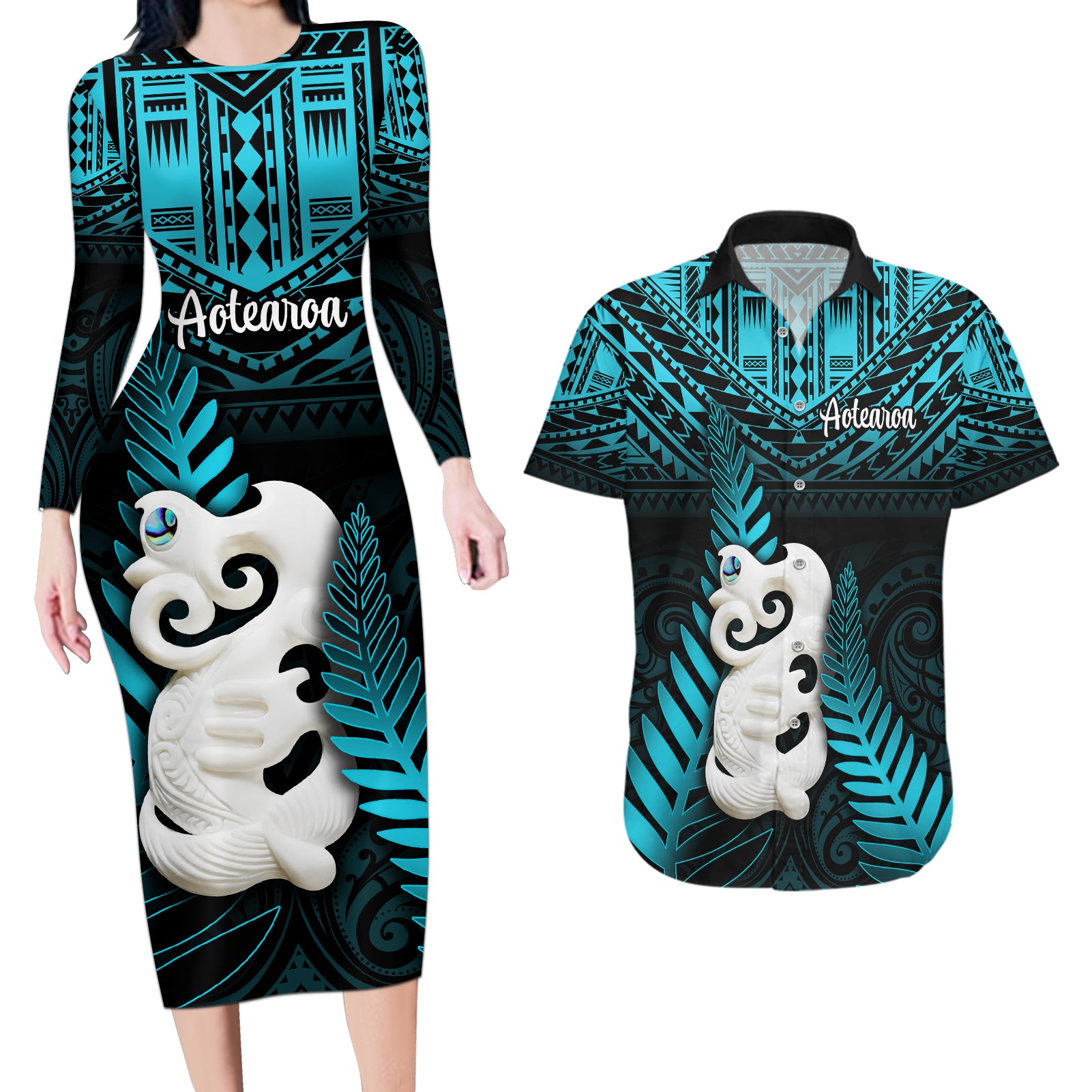 New Zealand Couples Matching Long Sleeve Bodycon Dress and Hawaiian Shirt Manaia Maori Pattern With Turquoise Fern LT05 Turquoise - Polynesian Pride