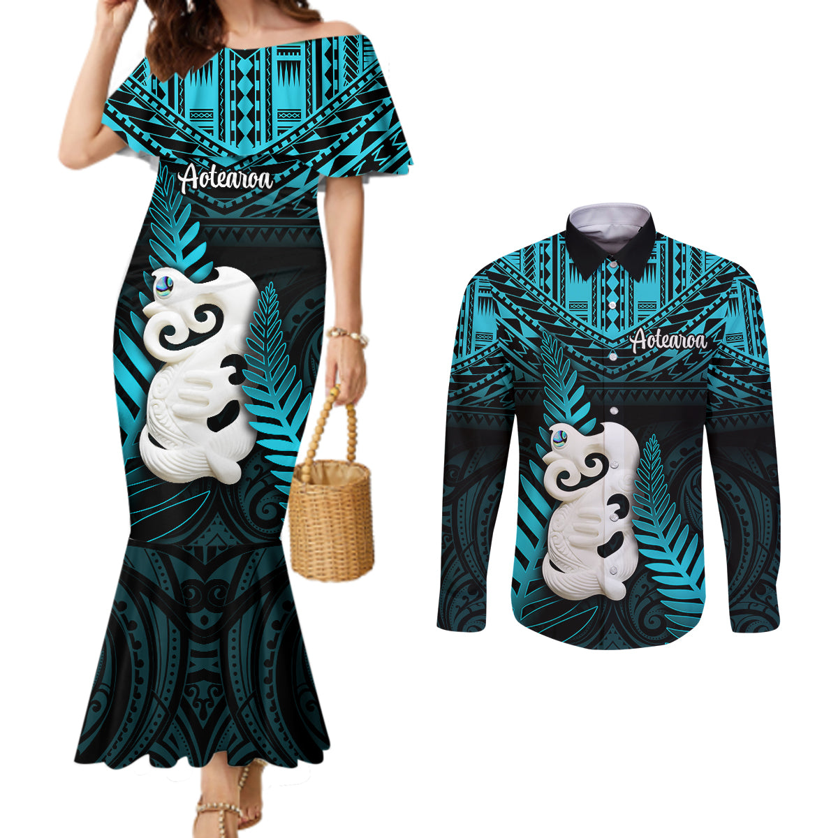 New Zealand Couples Matching Mermaid Dress and Long Sleeve Button Shirts Manaia Maori Pattern With Turquoise Fern LT05 Turquoise - Polynesian Pride