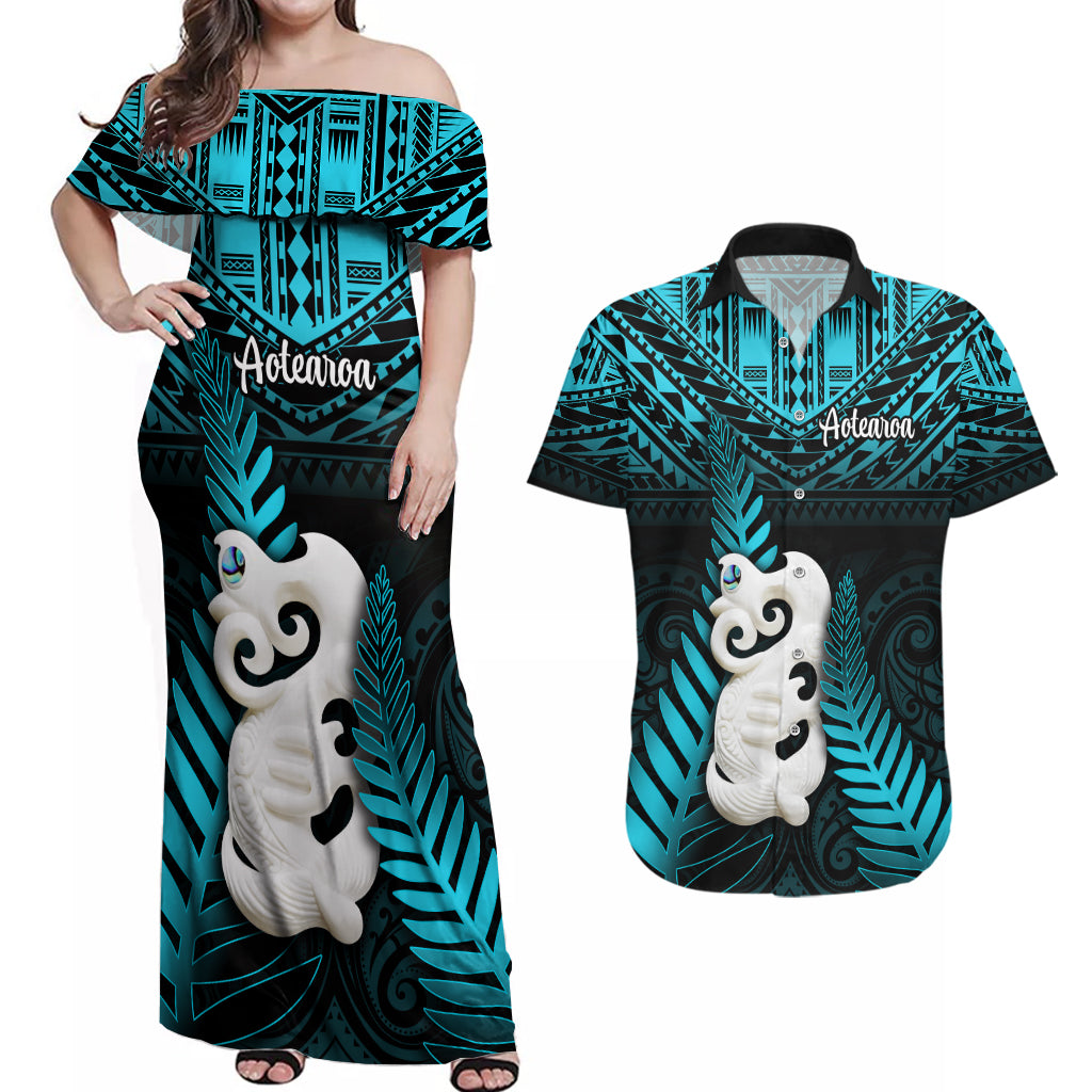 New Zealand Couples Matching Off Shoulder Maxi Dress and Hawaiian Shirt Manaia Maori Pattern With Turquoise Fern LT05 Turquoise - Polynesian Pride
