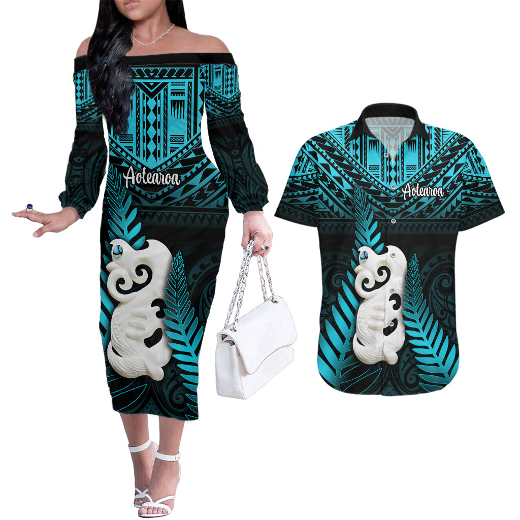 New Zealand Couples Matching Off The Shoulder Long Sleeve Dress and Hawaiian Shirt Manaia Maori Pattern With Turquoise Fern LT05 Turquoise - Polynesian Pride