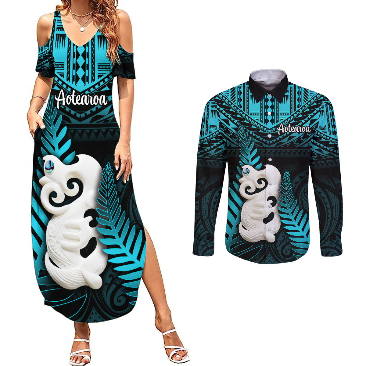 New Zealand Couples Matching Summer Maxi Dress and Long Sleeve Button Shirts Manaia Maori Pattern With Turquoise Fern LT05 Turquoise - Polynesian Pride