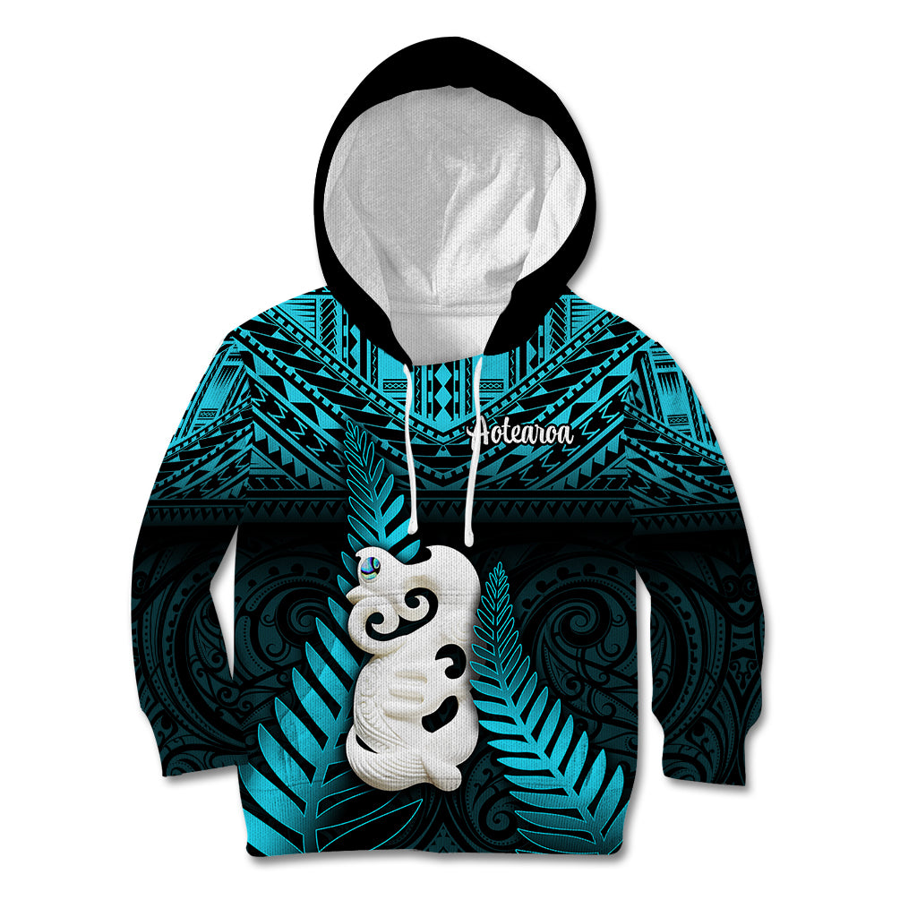 New Zealand Kid Hoodie Manaia Maori Pattern With Turquoise Fern LT05 Hoodie Turquoise - Polynesian Pride