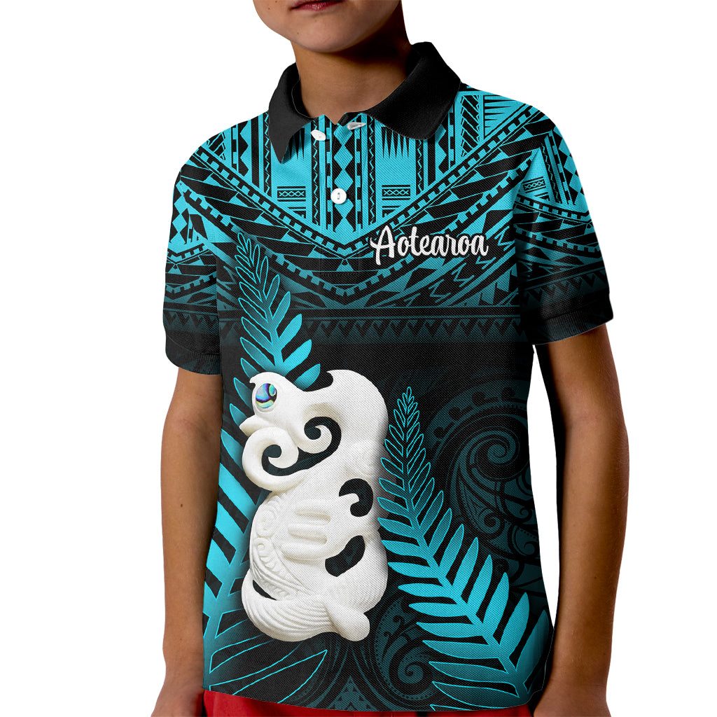 New Zealand Kid Polo Shirt Manaia Maori Pattern With Turquoise Fern LT05 Kid Turquoise - Polynesian Pride