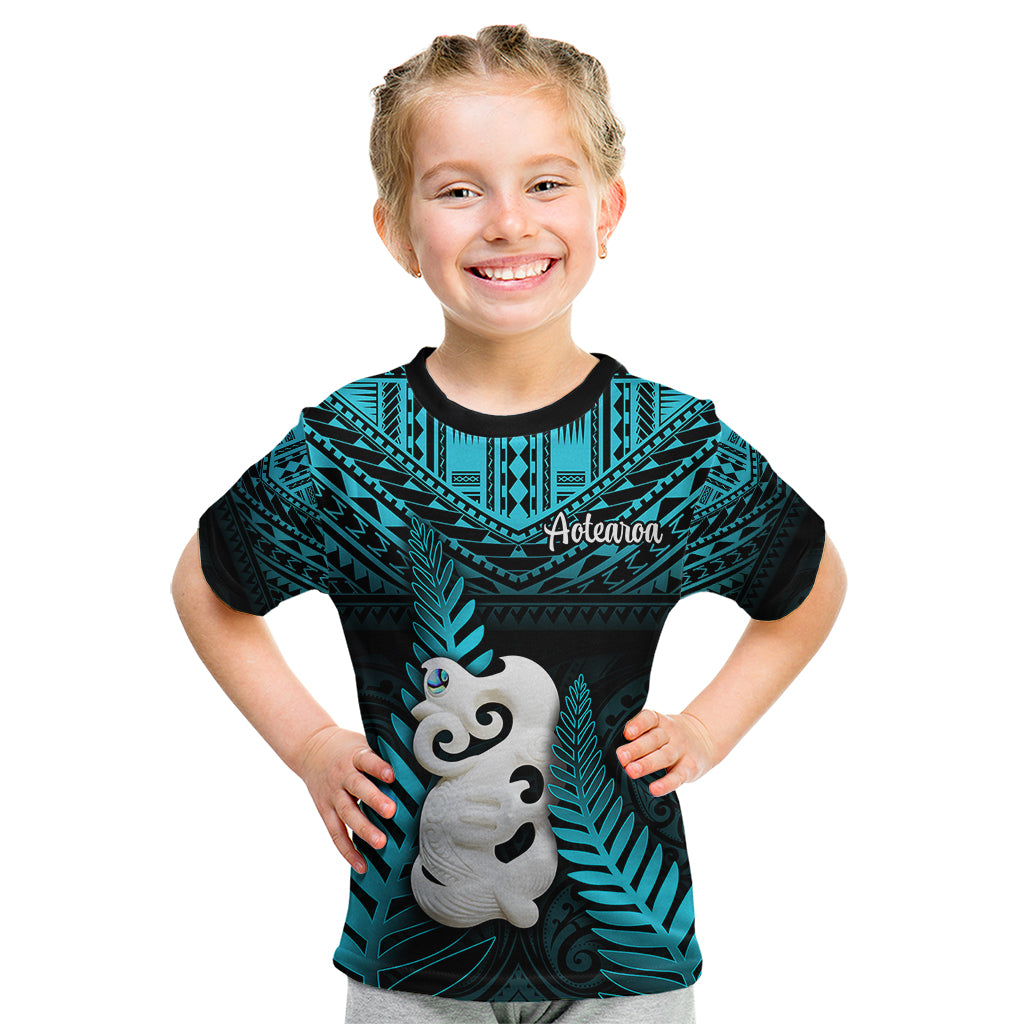 New Zealand Kid T Shirt Manaia Maori Pattern With Turquoise Fern LT05 Turquoise - Polynesian Pride