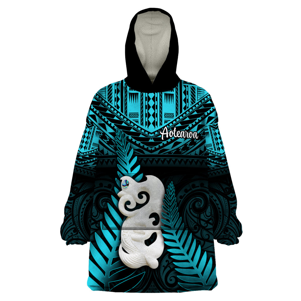 New Zealand Wearable Blanket Hoodie Manaia Maori Pattern With Turquoise Fern LT05 One Size Turquoise - Polynesian Pride