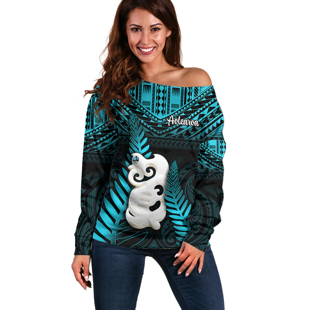 Personalized New Zealand Off Shoulder Sweater Manaia Maori Pattern With Turquoise Fern LT05 Women Turquoise - Polynesian Pride