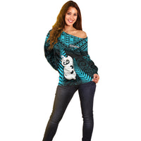Personalized New Zealand Off Shoulder Sweater Manaia Maori Pattern With Turquoise Fern LT05 - Polynesian Pride