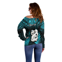 Personalized New Zealand Off Shoulder Sweater Manaia Maori Pattern With Turquoise Fern LT05 - Polynesian Pride