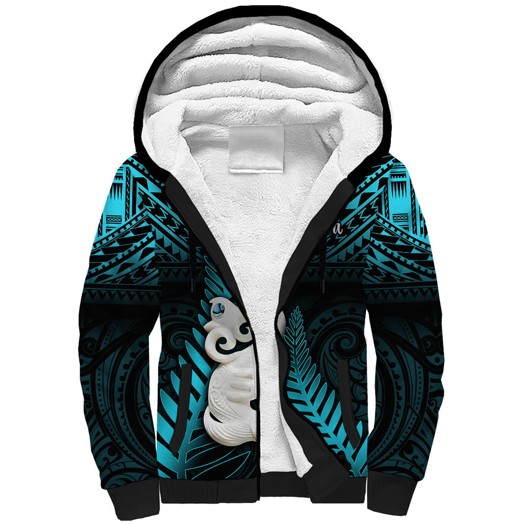 Personalized New Zealand Sherpa Hoodie Manaia Maori Pattern With Turquoise Fern LT05 Unisex Turquoise - Polynesian Pride