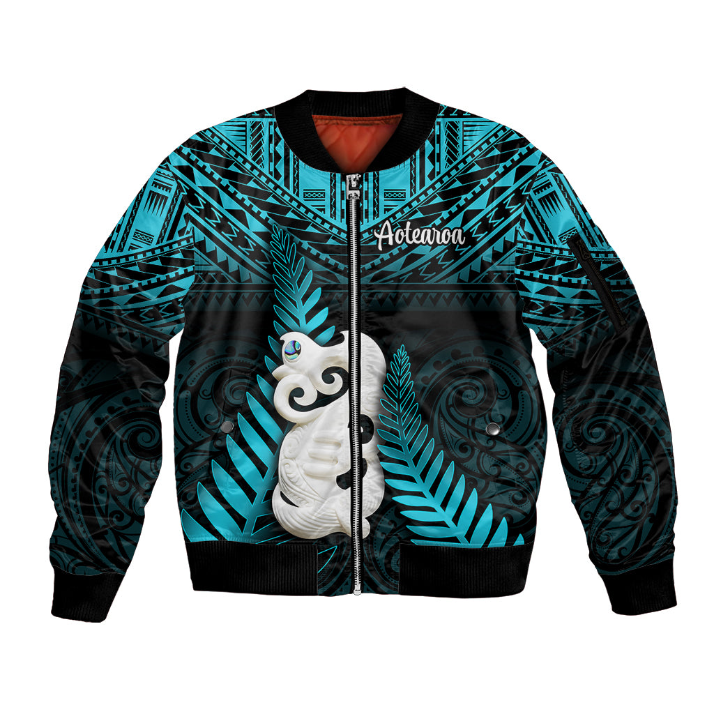 Personalized New Zealand Sleeve Zip Bomber Jacket Manaia Maori Pattern With Turquoise Fern LT05 Unisex Turquoise - Polynesian Pride