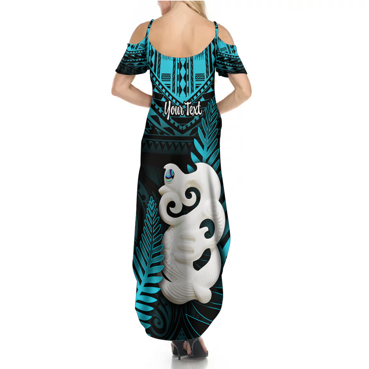 Personalized New Zealand Summer Maxi Dress Manaia Maori Pattern With Turquoise Fern LT05 - Polynesian Pride