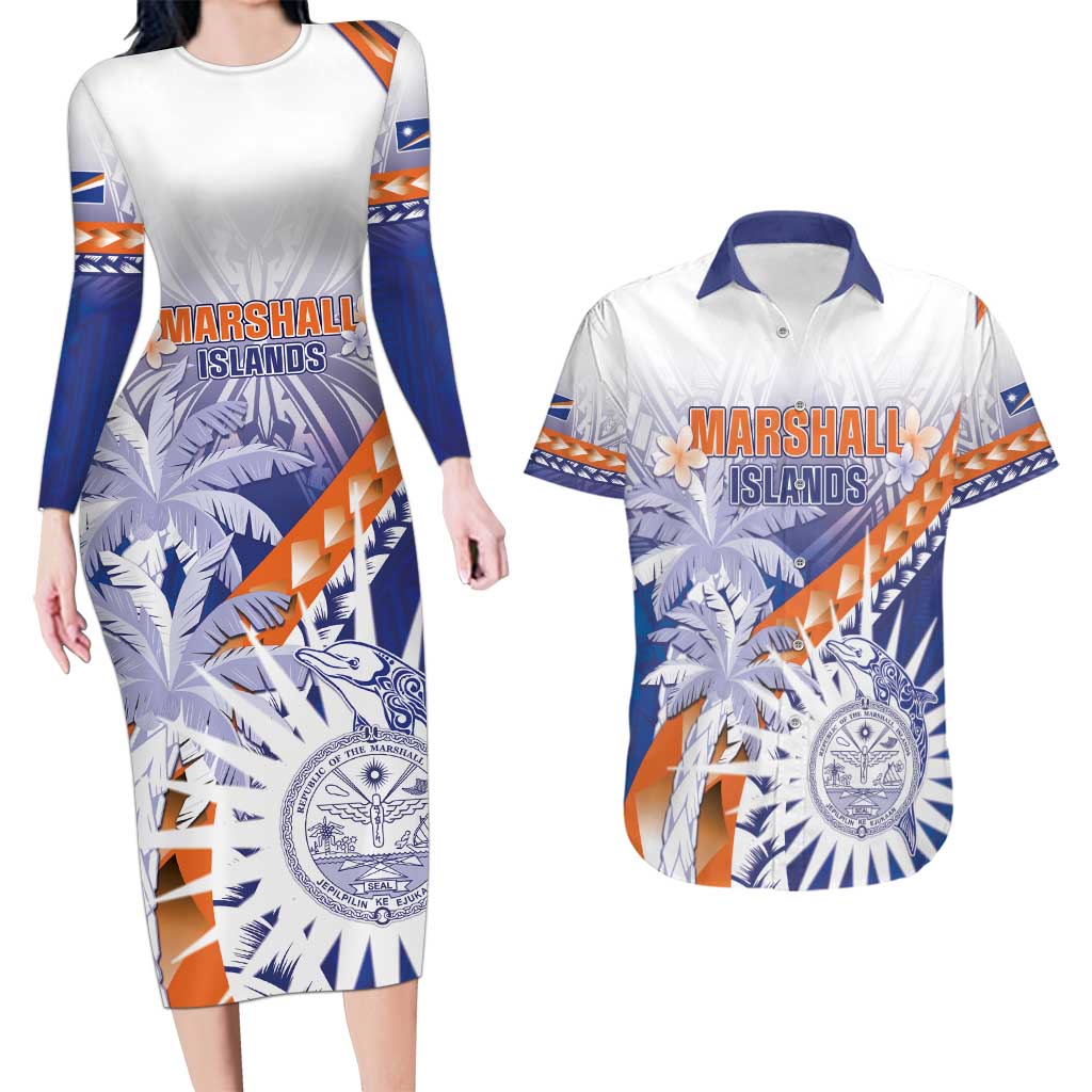 Personalised Marshall Islands Manit Day Couples Matching Long Sleeve Bodycon Dress and Hawaiian Shirt Polynesian Tribal Tattoo Tropical Style