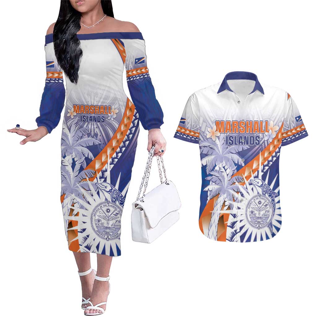 Personalised Marshall Islands Manit Day Couples Matching Off The Shoulder Long Sleeve Dress and Hawaiian Shirt Polynesian Tribal Tattoo Tropical Style