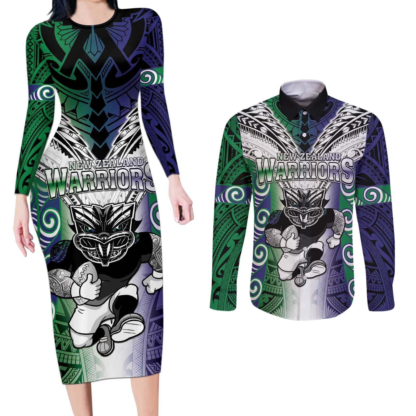 Custom New Zealand Warrior Couples Matching Long Sleeve Bodycon Dress and Long Sleeve Button Shirt Maori Tribal Pattern