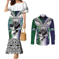 Custom New Zealand Warrior Couples Matching Mermaid Dress and Long Sleeve Button Shirt Maori Tribal Pattern LT05 Green - Polynesian Pride
