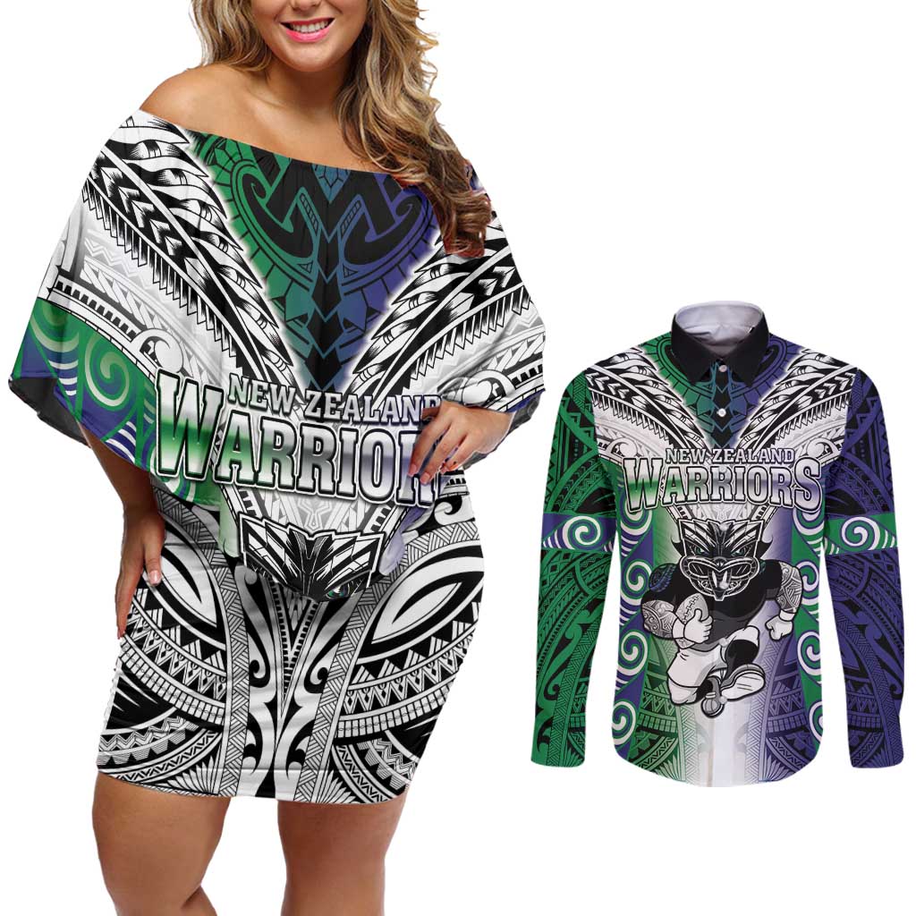 Custom New Zealand Warrior Couples Matching Off Shoulder Short Dress and Long Sleeve Button Shirt Maori Tribal Pattern