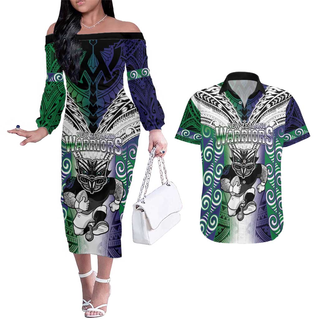 Custom New Zealand Warrior Couples Matching Off The Shoulder Long Sleeve Dress and Hawaiian Shirt Maori Tribal Pattern