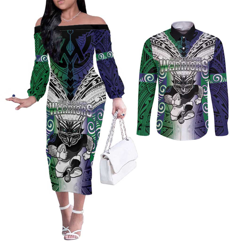 Custom New Zealand Warrior Couples Matching Off The Shoulder Long Sleeve Dress and Long Sleeve Button Shirt Maori Tribal Pattern