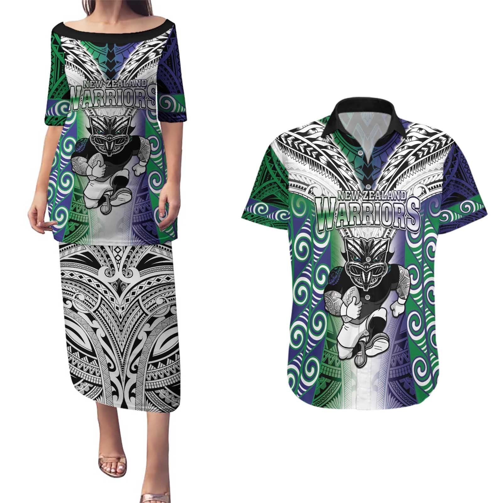 Custom New Zealand Warrior Couples Matching Puletasi and Hawaiian Shirt Maori Tribal Pattern