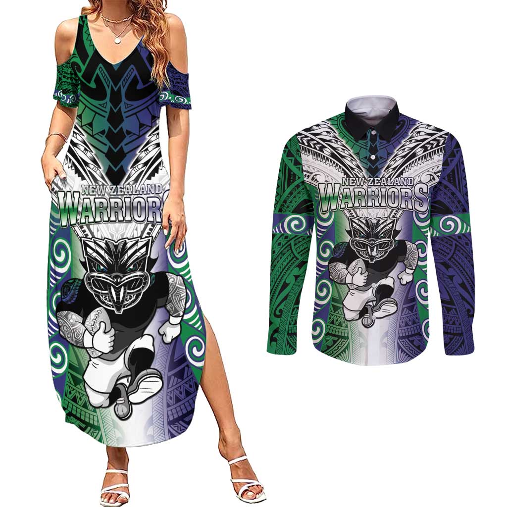 Custom New Zealand Warrior Couples Matching Summer Maxi Dress and Long Sleeve Button Shirt Maori Tribal Pattern LT05 Green - Polynesian Pride