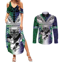 Custom New Zealand Warrior Couples Matching Summer Maxi Dress and Long Sleeve Button Shirt Maori Tribal Pattern LT05 Green - Polynesian Pride