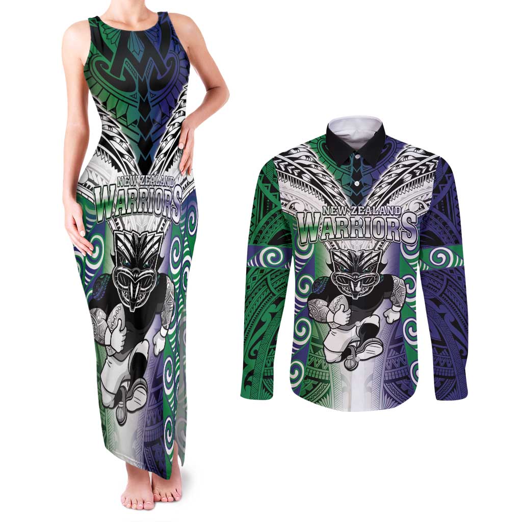 Custom New Zealand Warrior Couples Matching Tank Maxi Dress and Long Sleeve Button Shirt Maori Tribal Pattern