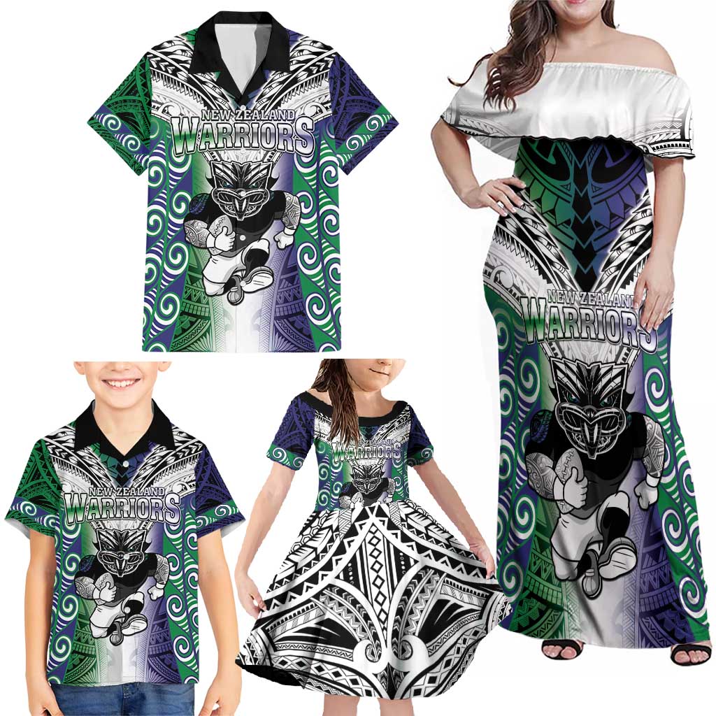 Custom New Zealand Warrior Family Matching Off Shoulder Maxi Dress and Hawaiian Shirt Maori Tribal Pattern