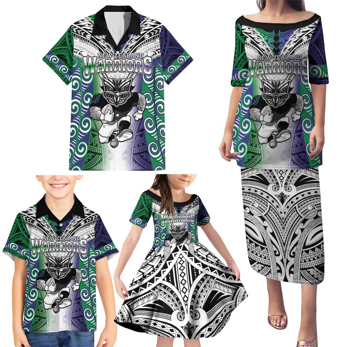 Custom New Zealand Warrior Family Matching Puletasi and Hawaiian Shirt Maori Tribal Pattern