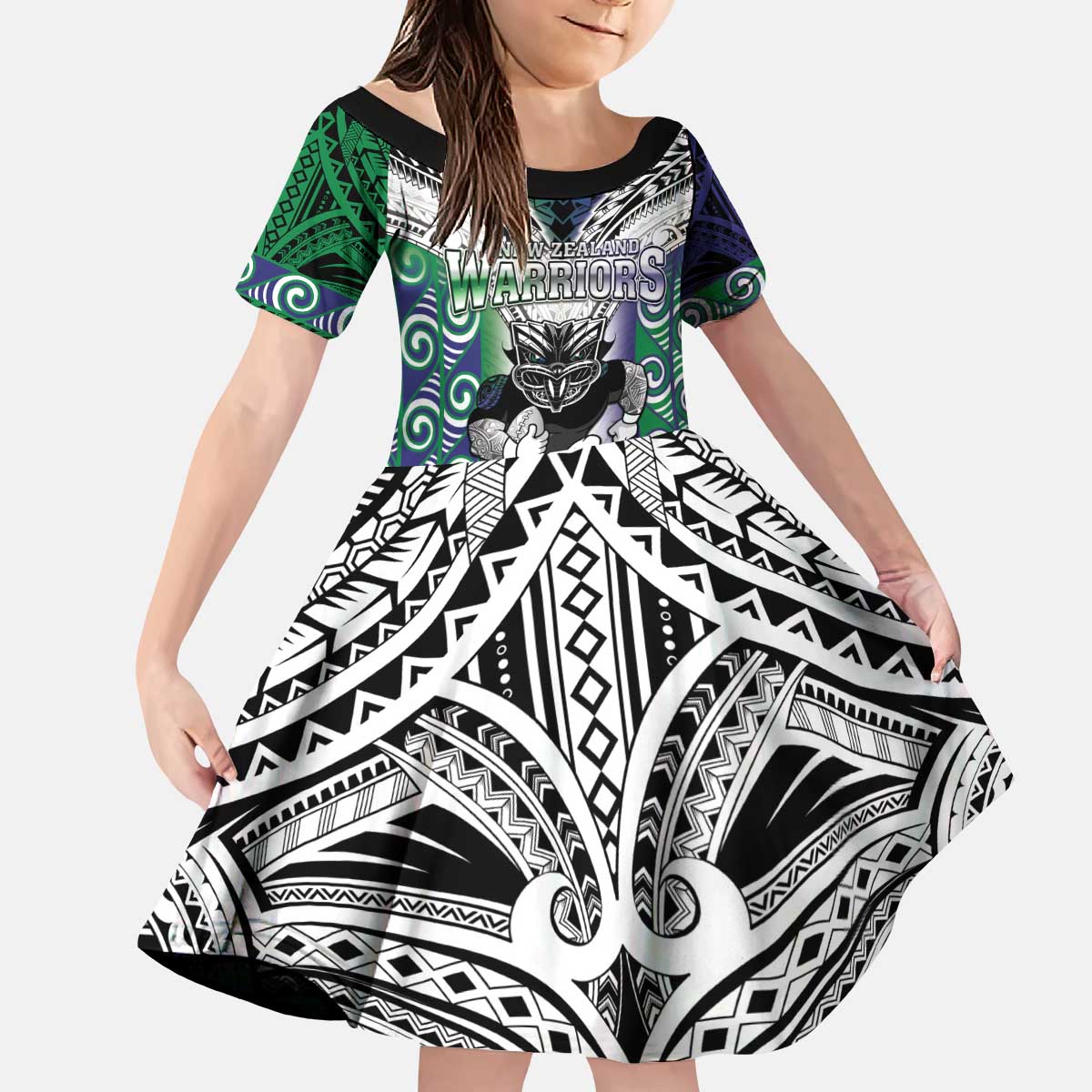 Custom New Zealand Warrior Kid Short Sleeve Dress Maori Tribal Pattern