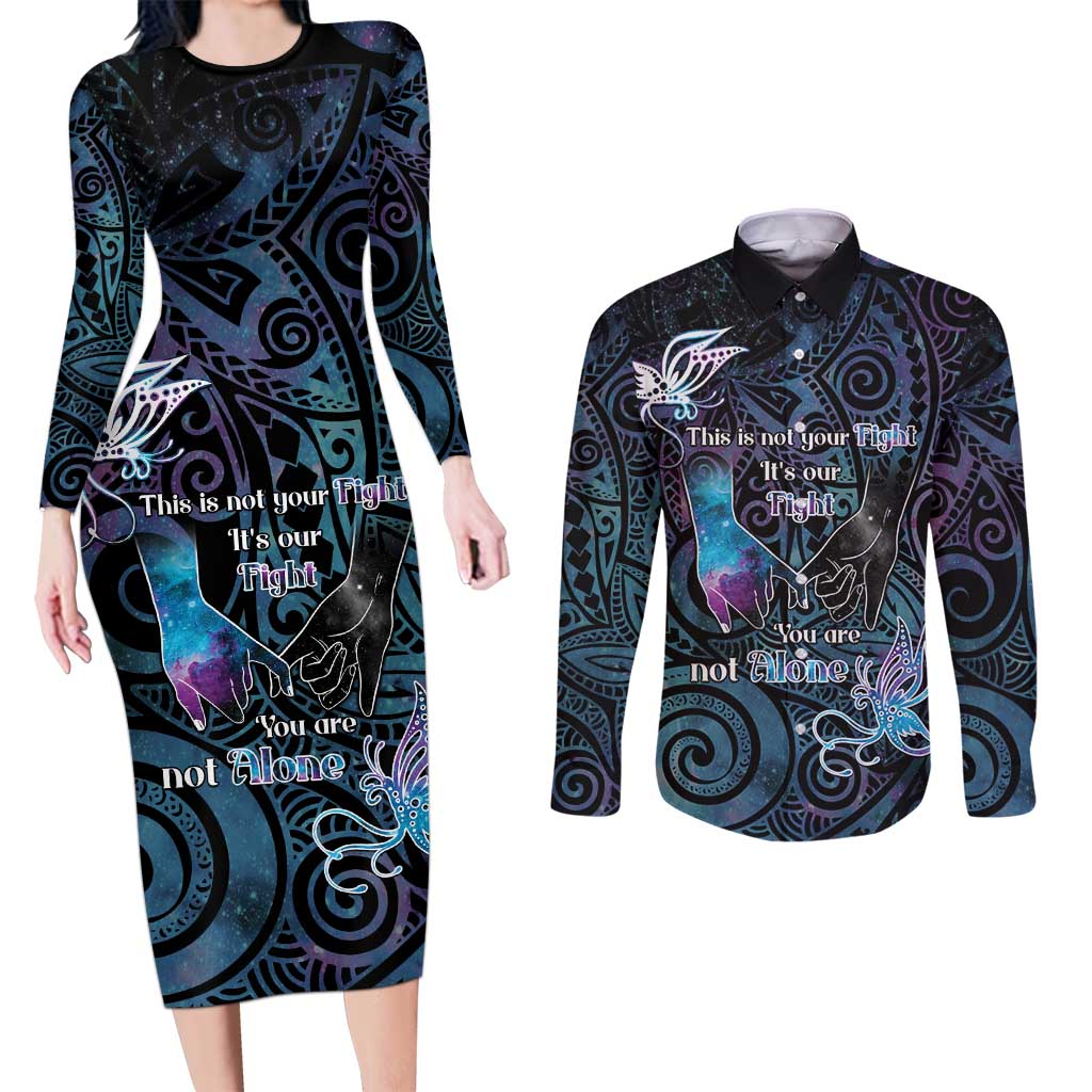 Suicide Awareness Couples Matching Long Sleeve Bodycon Dress and Long Sleeve Button Shirt You Are Not Alone LT05 Black - Polynesian Pride