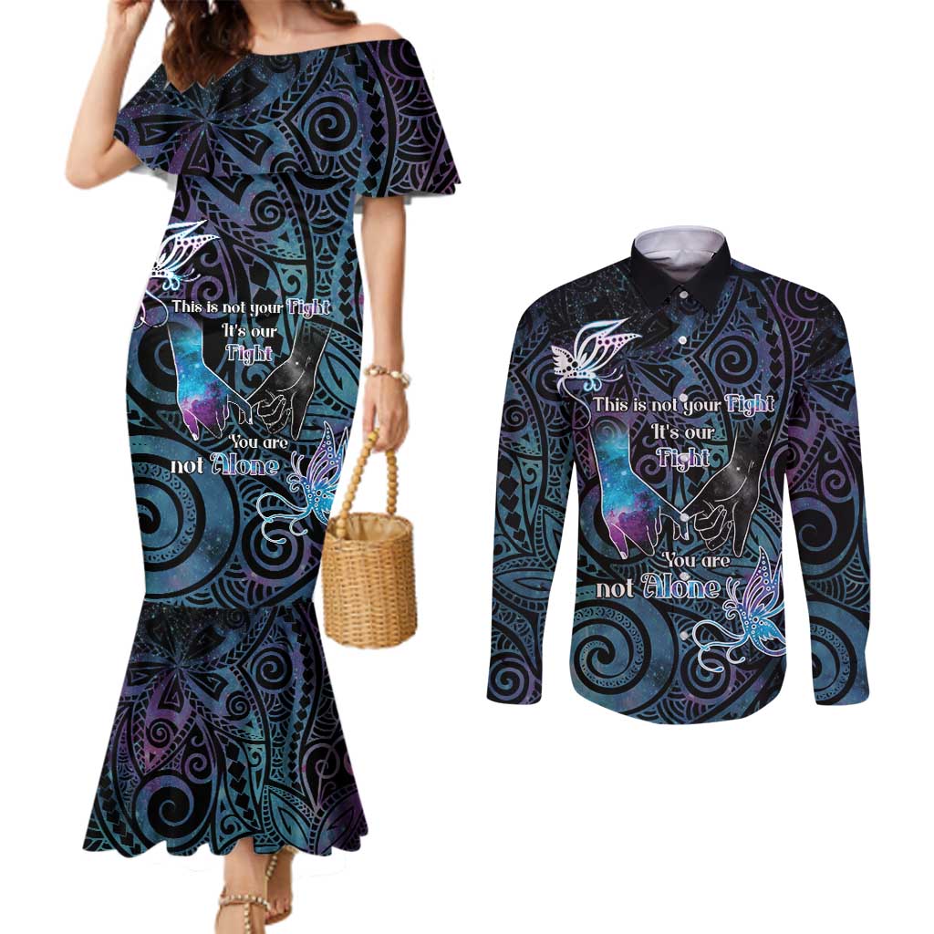 Suicide Awareness Couples Matching Mermaid Dress and Long Sleeve Button Shirt You Are Not Alone LT05 Black - Polynesian Pride