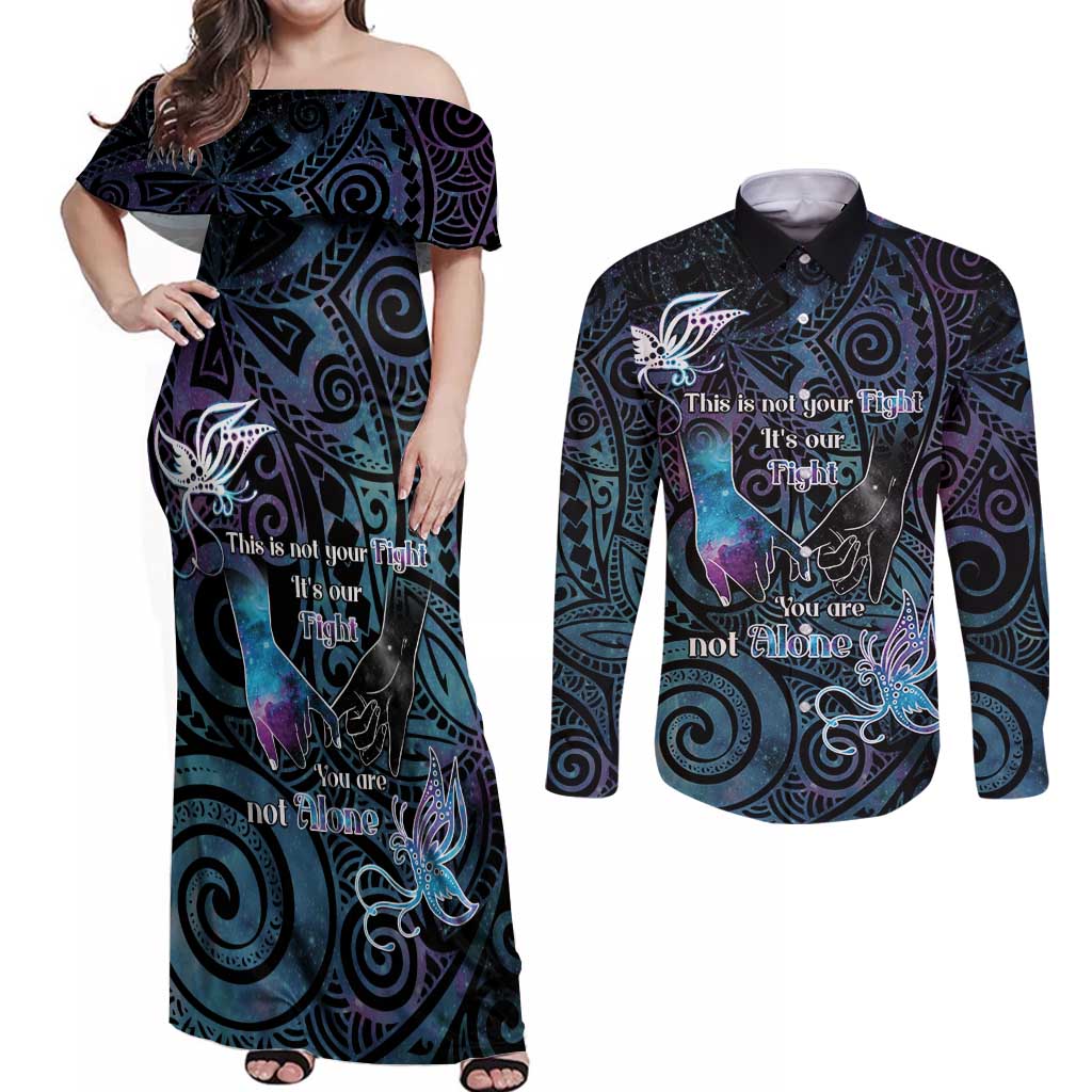 Suicide Awareness Couples Matching Off Shoulder Maxi Dress and Long Sleeve Button Shirt You Are Not Alone LT05 Black - Polynesian Pride