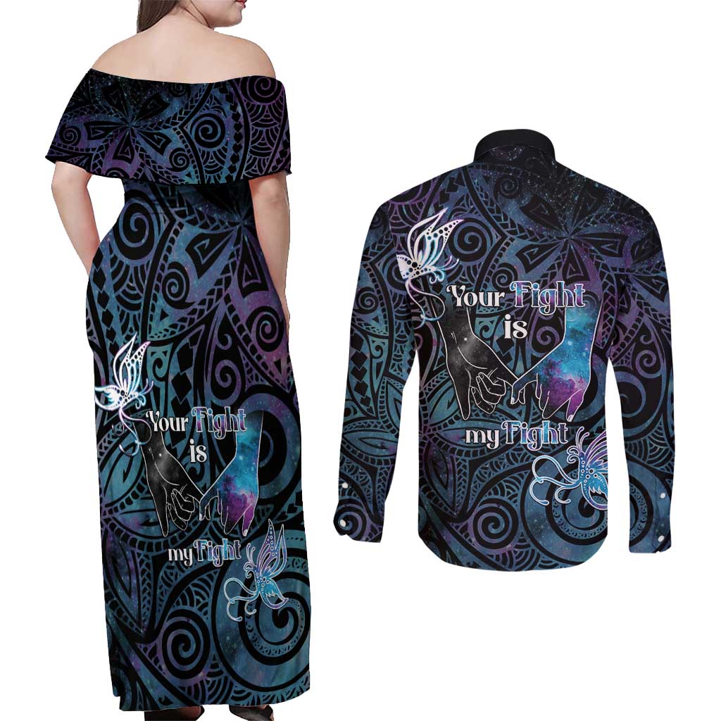 Suicide Awareness Couples Matching Off Shoulder Maxi Dress and Long Sleeve Button Shirt You Are Not Alone LT05 - Polynesian Pride