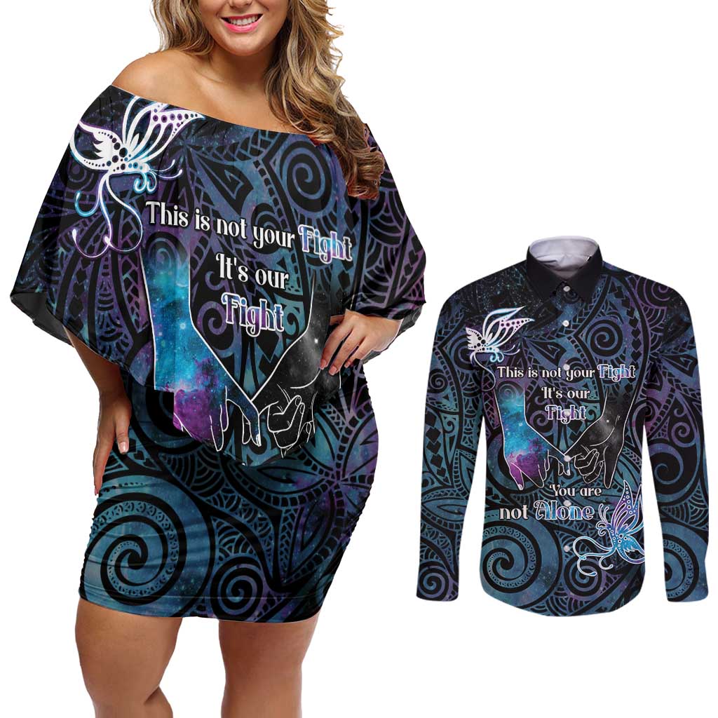 Suicide Awareness Couples Matching Off Shoulder Short Dress and Long Sleeve Button Shirt You Are Not Alone LT05 Black - Polynesian Pride