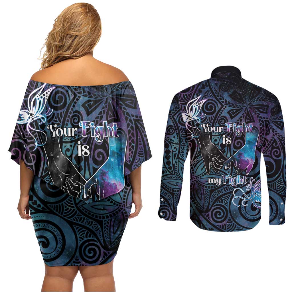 Suicide Awareness Couples Matching Off Shoulder Short Dress and Long Sleeve Button Shirt You Are Not Alone LT05 - Polynesian Pride