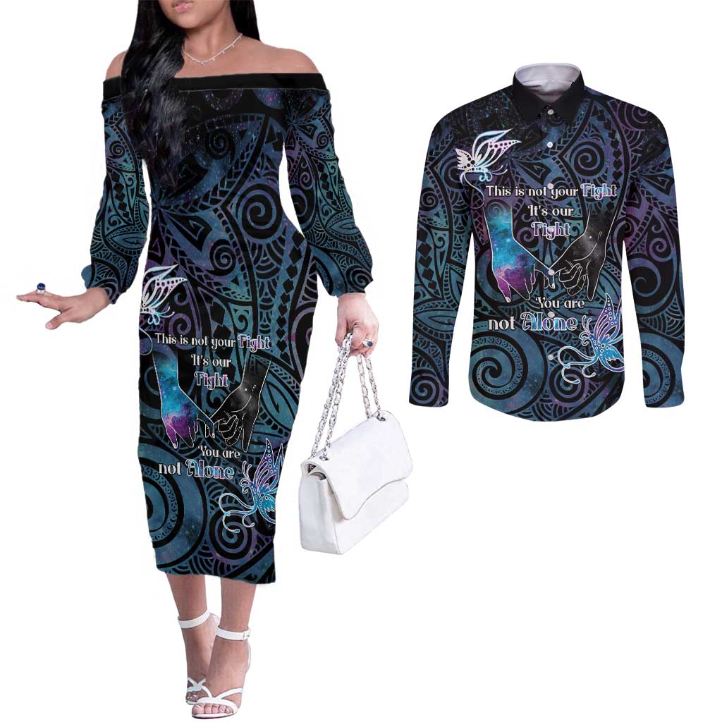 Suicide Awareness Couples Matching Off The Shoulder Long Sleeve Dress and Long Sleeve Button Shirt You Are Not Alone LT05 Black - Polynesian Pride