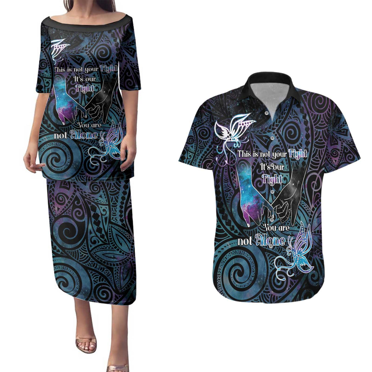 Suicide Awareness Couples Matching Puletasi and Hawaiian Shirt You Are Not Alone LT05 Black - Polynesian Pride